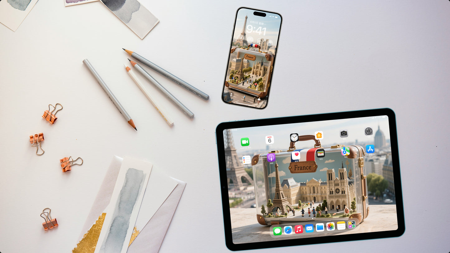 20 pieces of computer and cell phone wallpapers with suitcase decorations in miniature scenes of various countries+ 1 custom service gifted