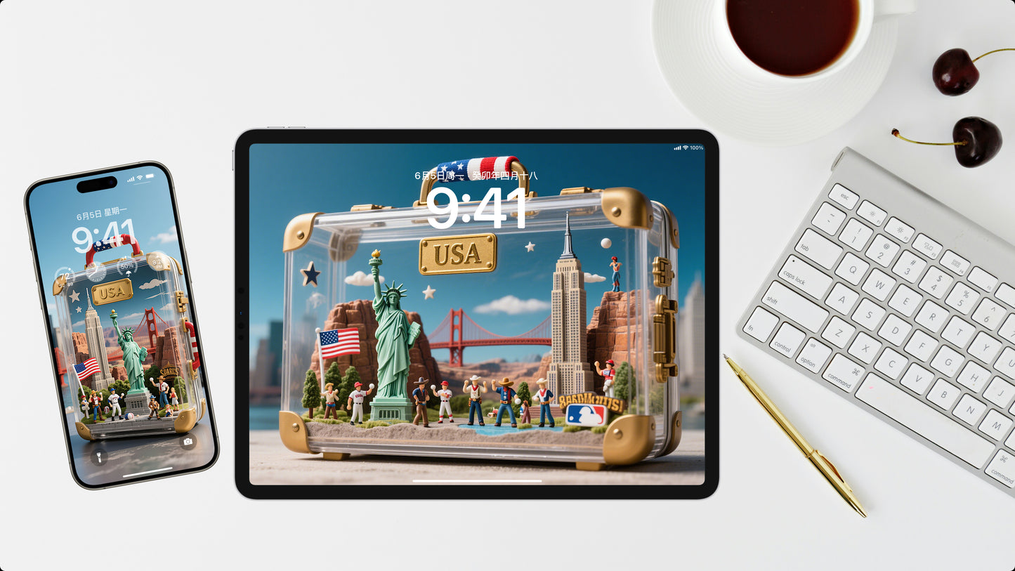 20 pieces of computer and cell phone wallpapers with suitcase decorations in miniature scenes of various countries+ 1 custom service gifted